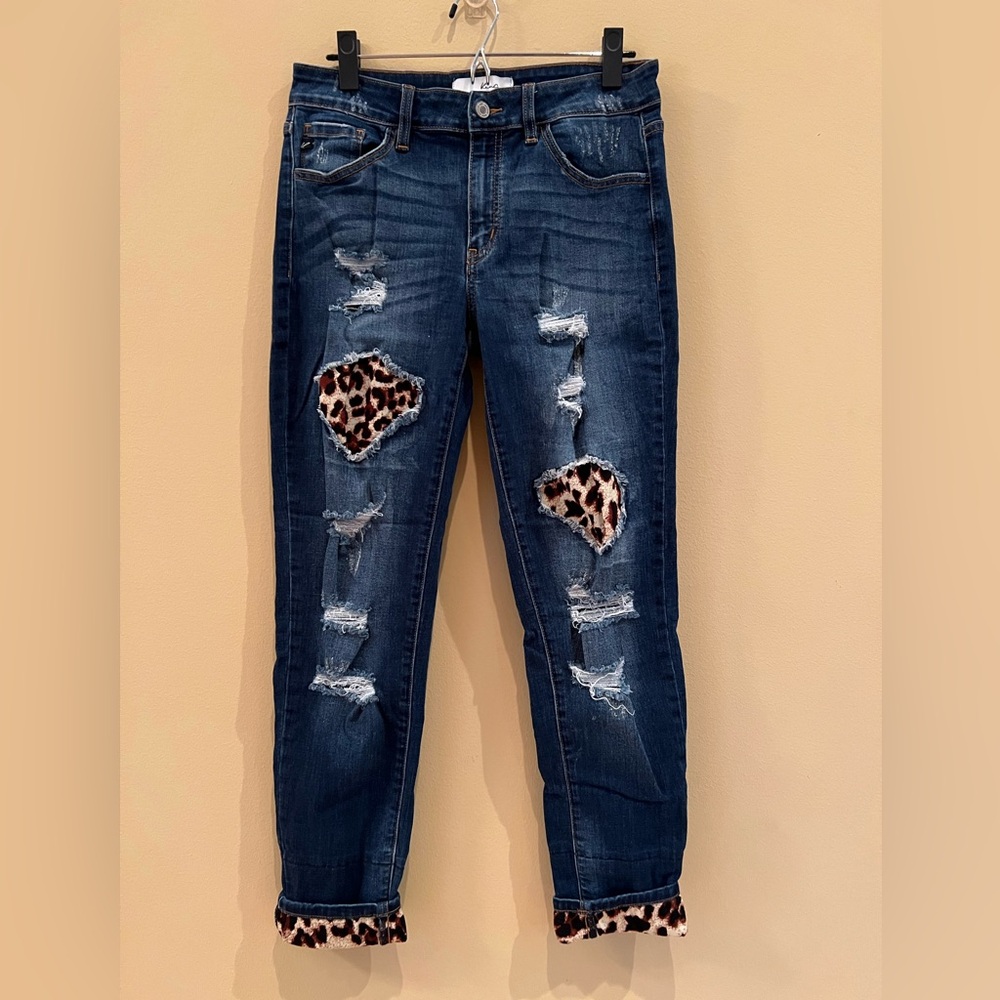 KanCan Dark Blue Leopard Accent Jeans